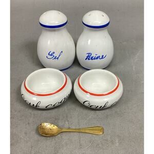 2 Salt And Pepper Shakers (China) & 2 Salt Cellars (France) & 1 Gold Spoon